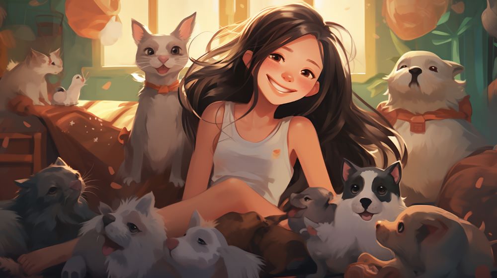 a girl surrounded by different animals